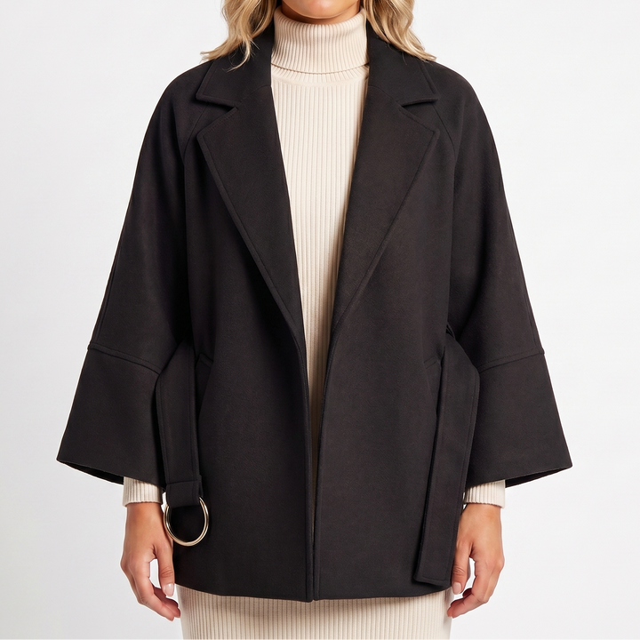 Women's Wool-Look Jacket – Oversized Belted D-Ring Wide Sleeve Crop