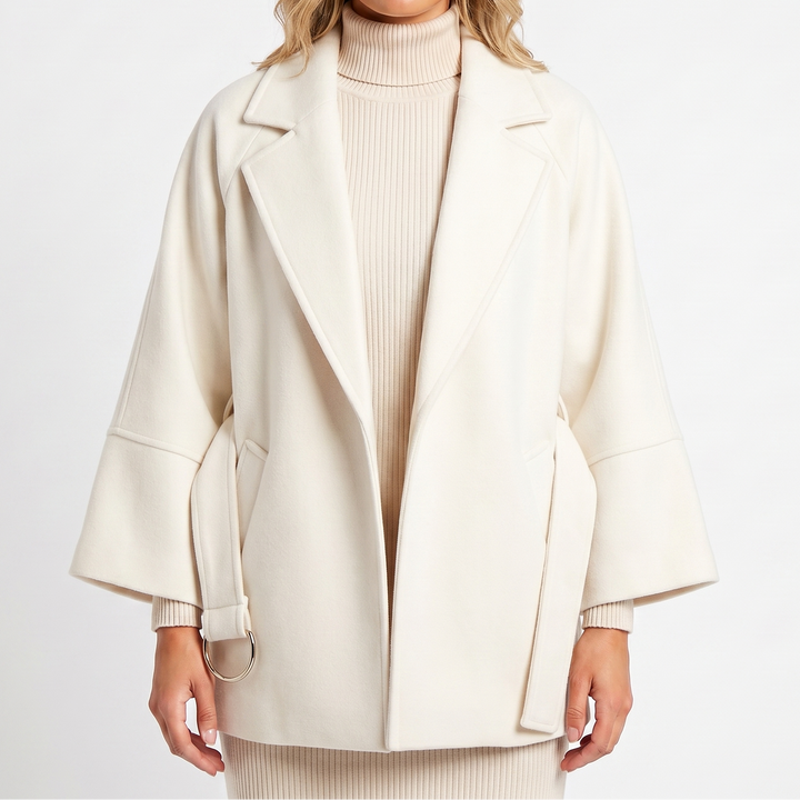 Women's Wool-Look Jacket – Oversized Belted D-Ring Wide Sleeve Crop