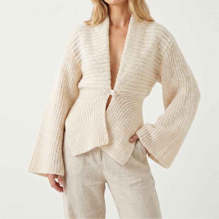 Women's Shawl Cardigan – Fluffy Knit Bell Sleeve Single Button Crop