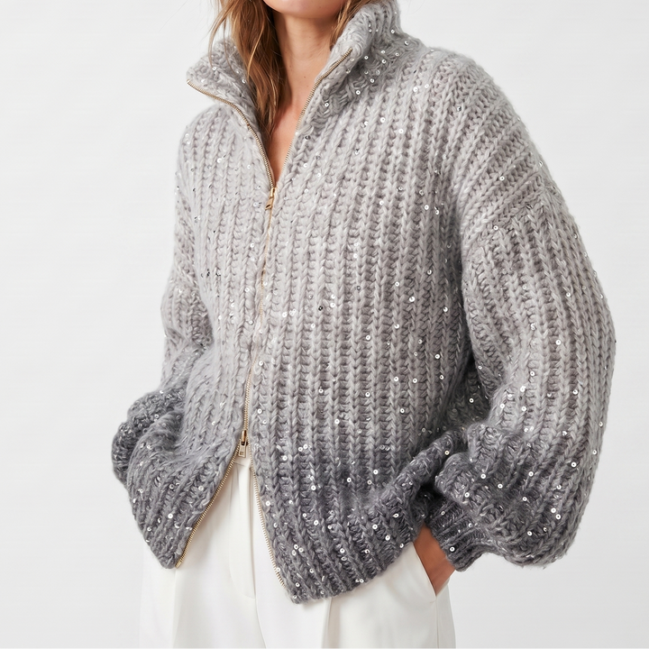 Women's Oversized Cardigan – Chunky Knit Sequin Zip-Up Funnel Neck