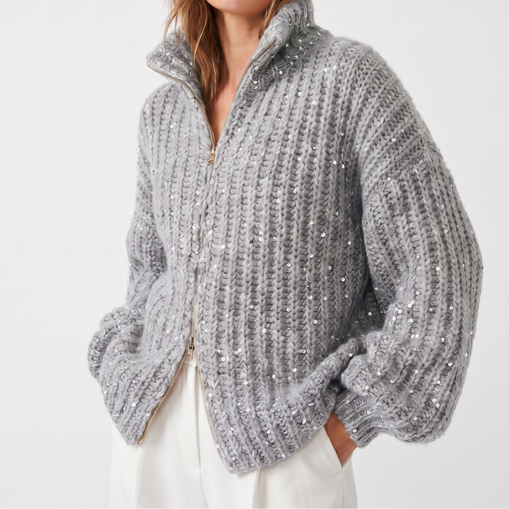 Women's Oversized Cardigan – Chunky Knit Sequin Zip-Up Funnel Neck