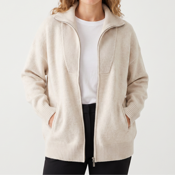 Women's Zip-Up Knit Jacket – Brushed Knit Ribbed Yoke Funnel Neck