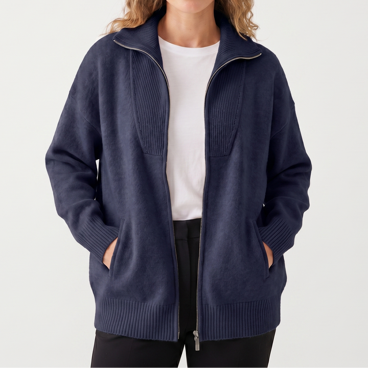 Women's Zip-Up Knit Jacket – Brushed Knit Ribbed Yoke Funnel Neck
