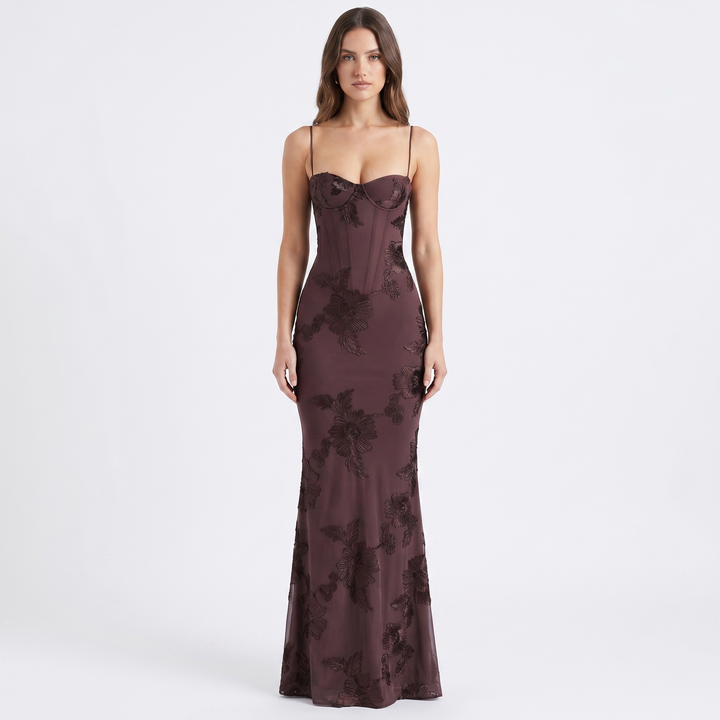 Women's Floral Sequin Maxi Dress Corset Mermaid Spaghetti Strap Formal