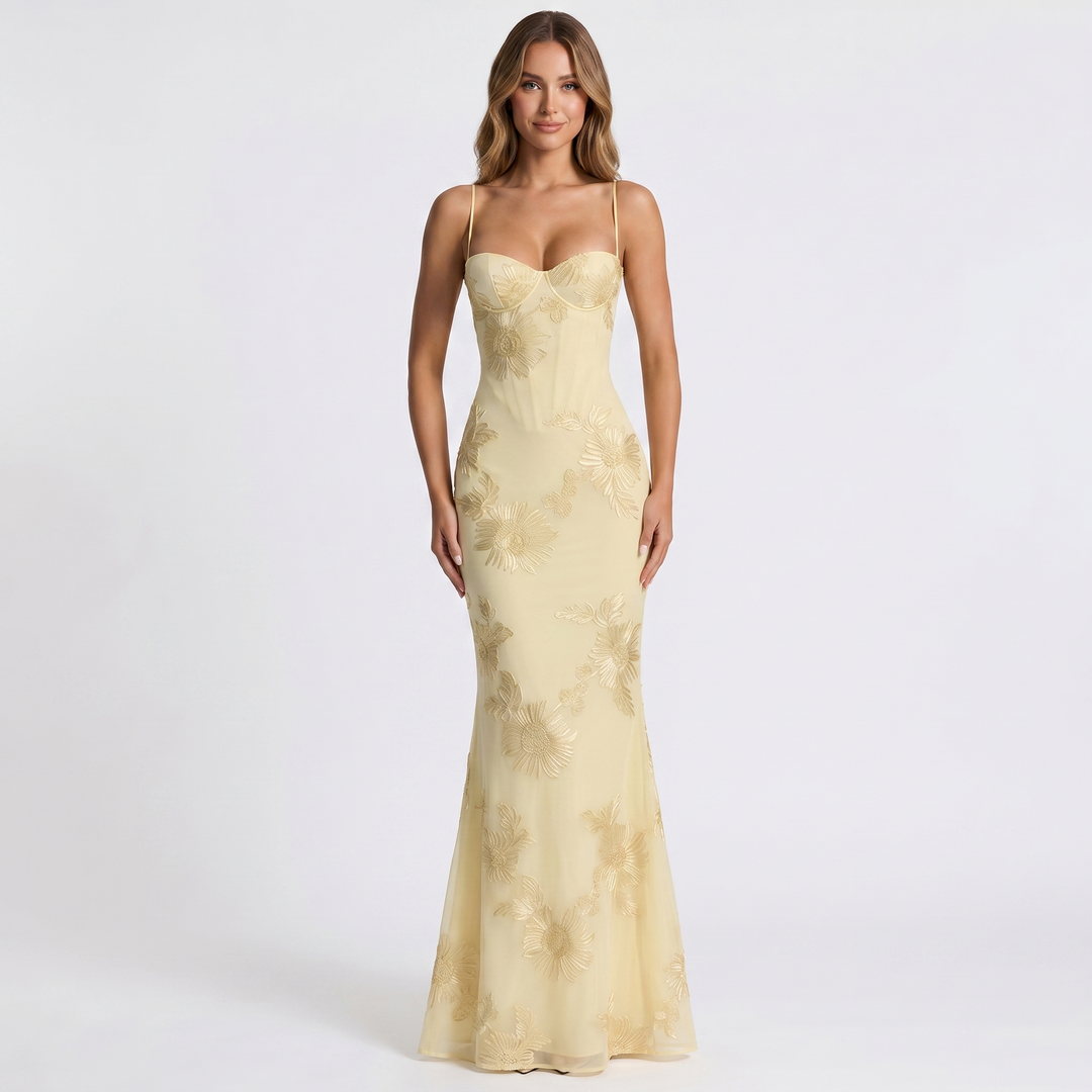 Women's Floral Sequin Maxi Dress Corset Mermaid Spaghetti Strap Formal