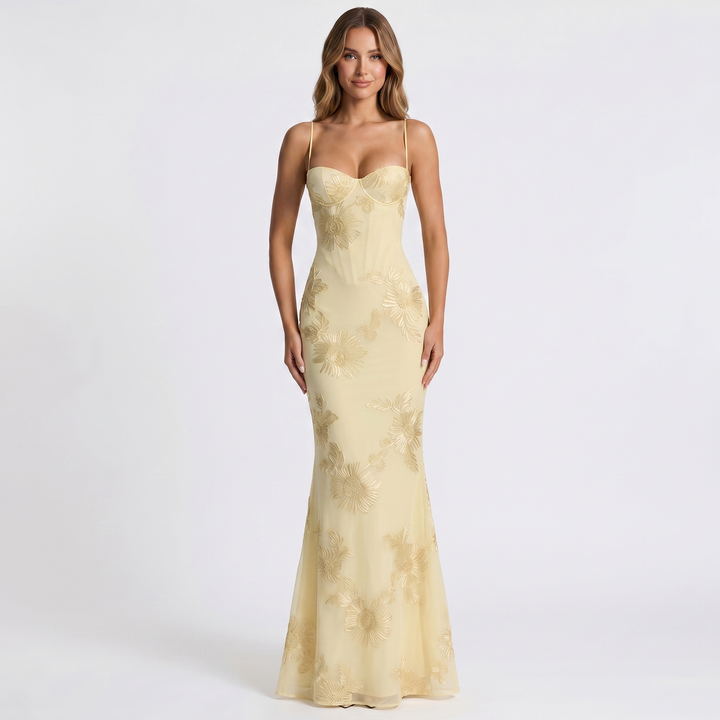 Women's Floral Sequin Maxi Dress Corset Mermaid Spaghetti Strap Formal