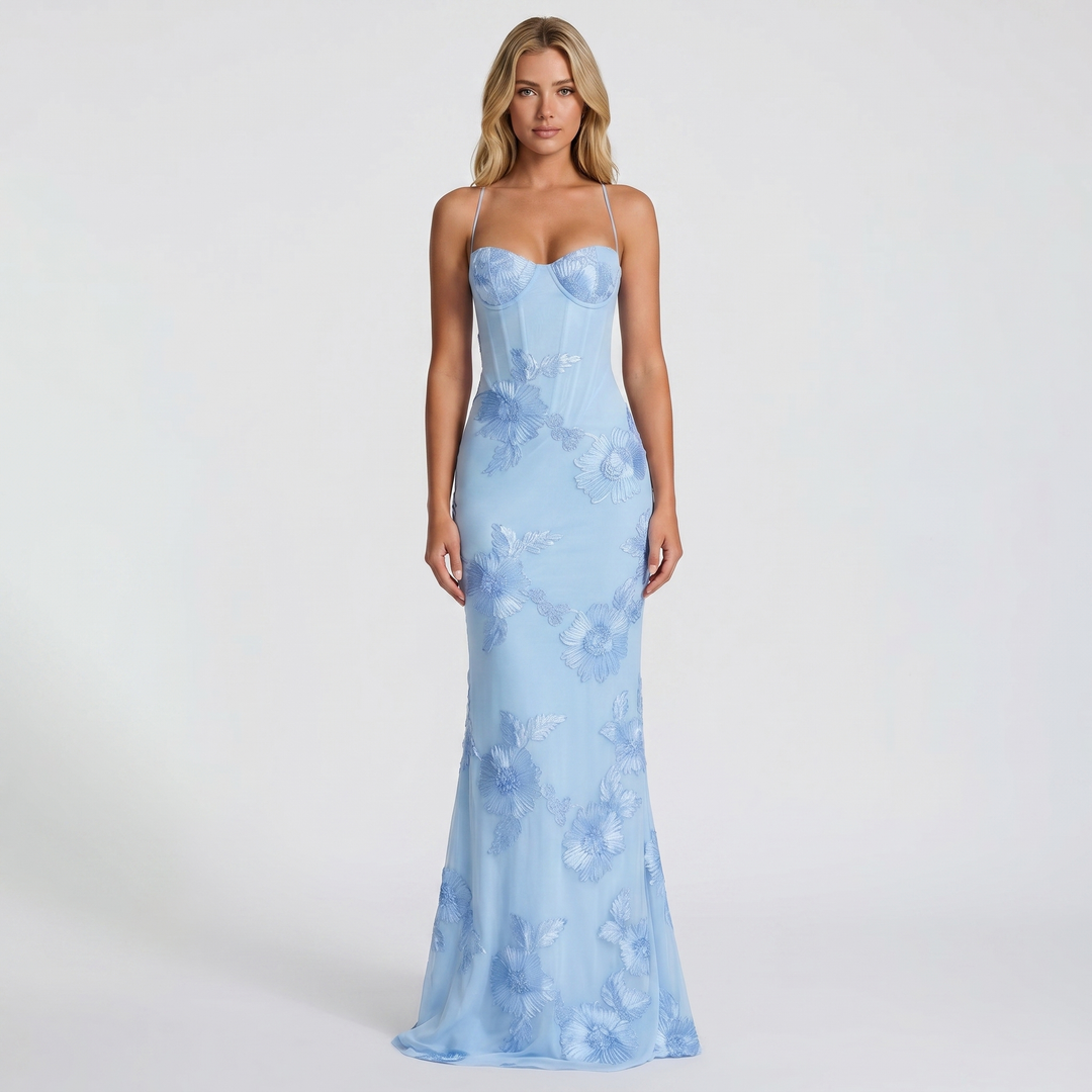 Women's Floral Sequin Maxi Dress Corset Mermaid Spaghetti Strap Formal