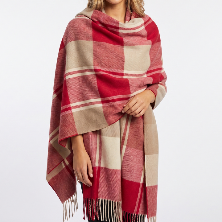 Women's Shawl Scarf – Oversized Check Blanket Fringe Wool-Look