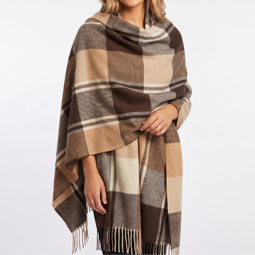 Women's Shawl Scarf – Oversized Check Blanket Fringe Wool-Look