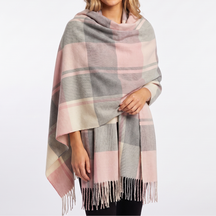 Women's Shawl Scarf – Oversized Check Blanket Fringe Wool-Look
