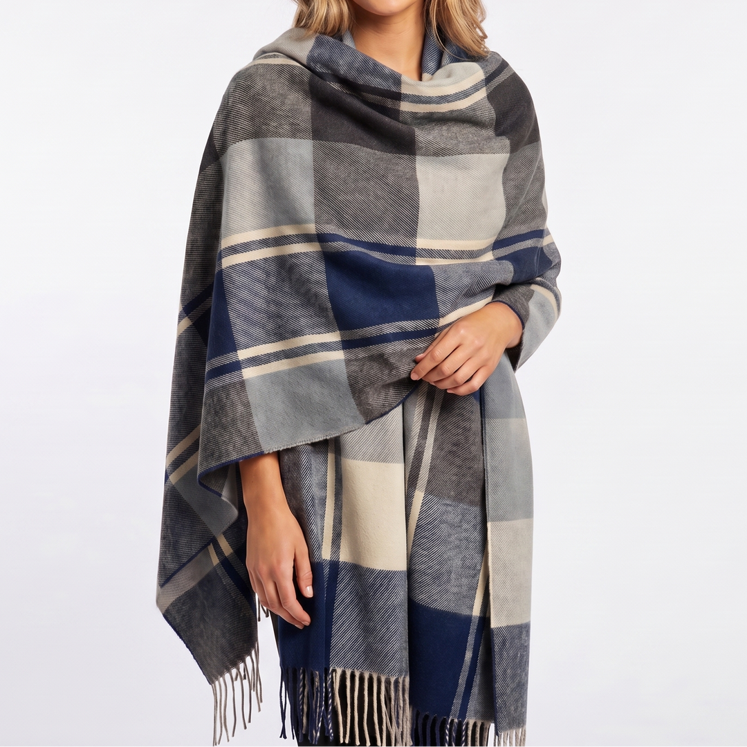 Women's Shawl Scarf – Oversized Check Blanket Fringe Wool-Look