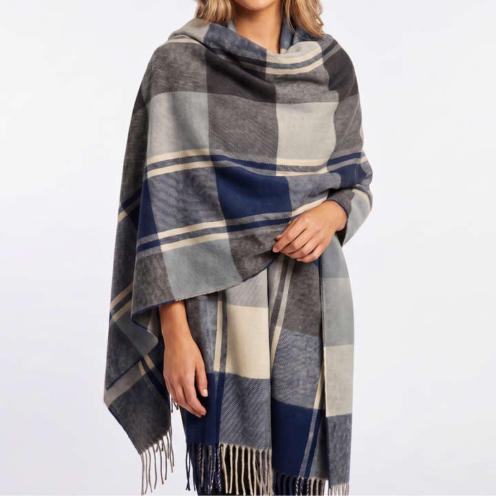 Women's Shawl Scarf – Oversized Check Blanket Fringe Wool-Look