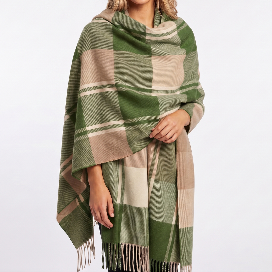 Women's Shawl Scarf – Oversized Check Blanket Fringe Wool-Look