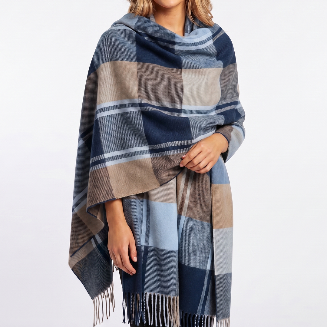 Women's Shawl Scarf – Oversized Check Blanket Fringe Wool-Look