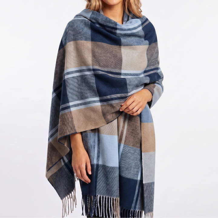 Women's Shawl Scarf – Oversized Check Blanket Fringe Wool-Look