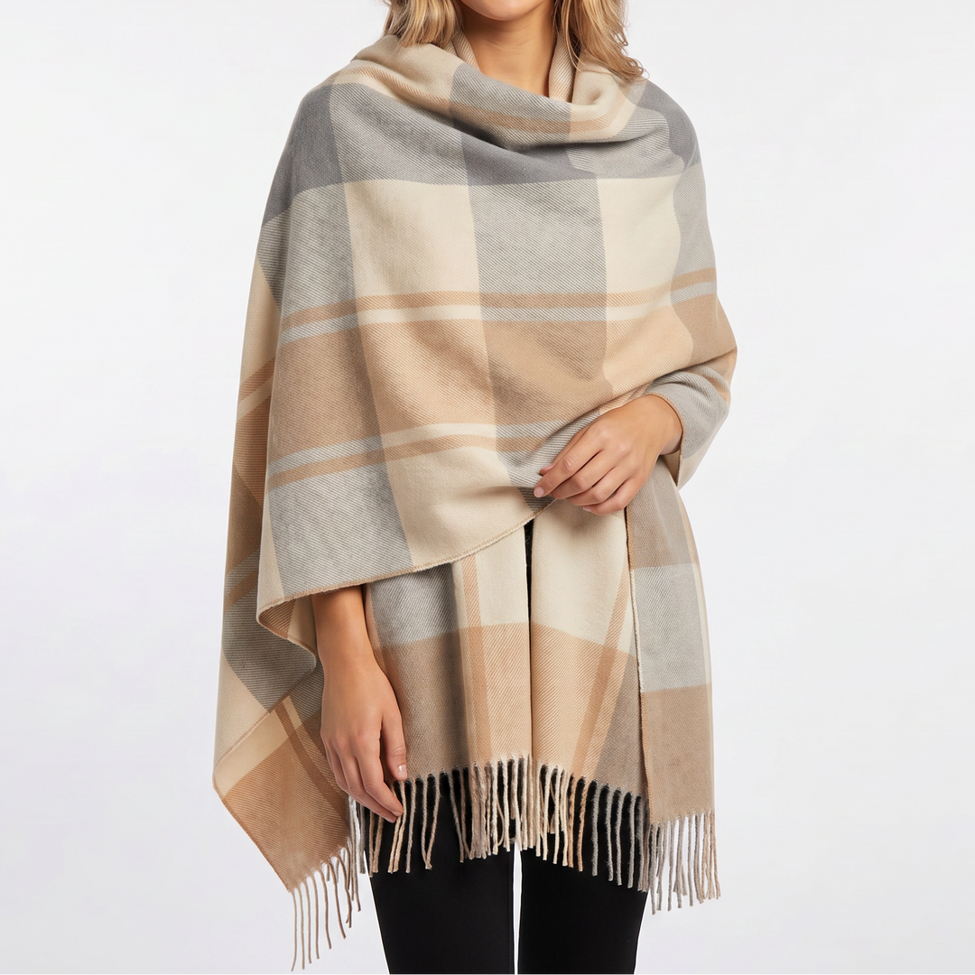 Women's Shawl Scarf – Oversized Check Blanket Fringe Wool-Look