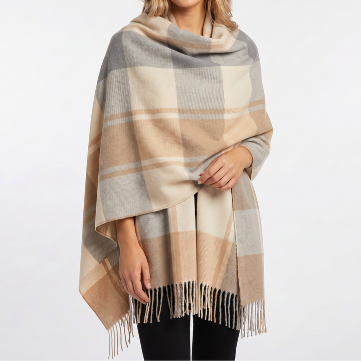 Women's Shawl Scarf – Oversized Check Blanket Fringe Wool-Look