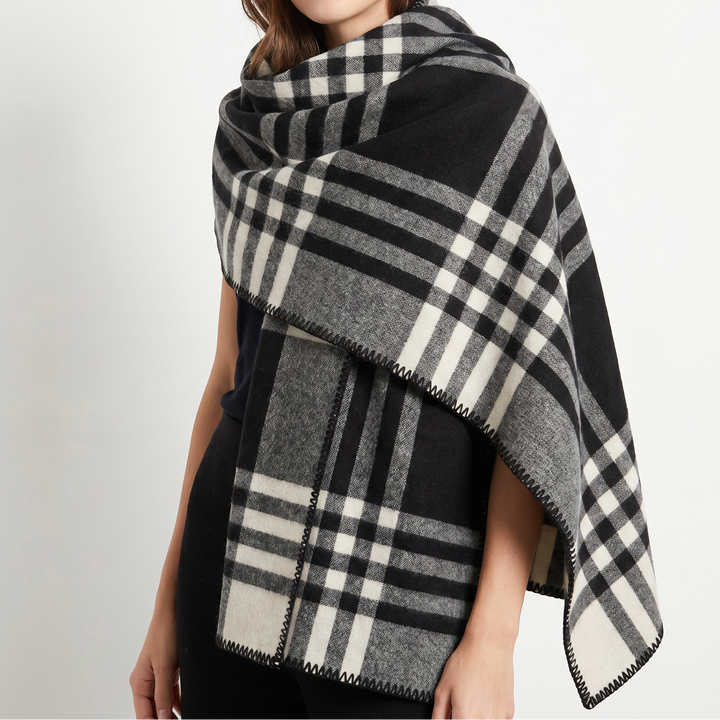 Women's Shawl Wrap – Oversized Check Blanket Stitch Edge Woven
