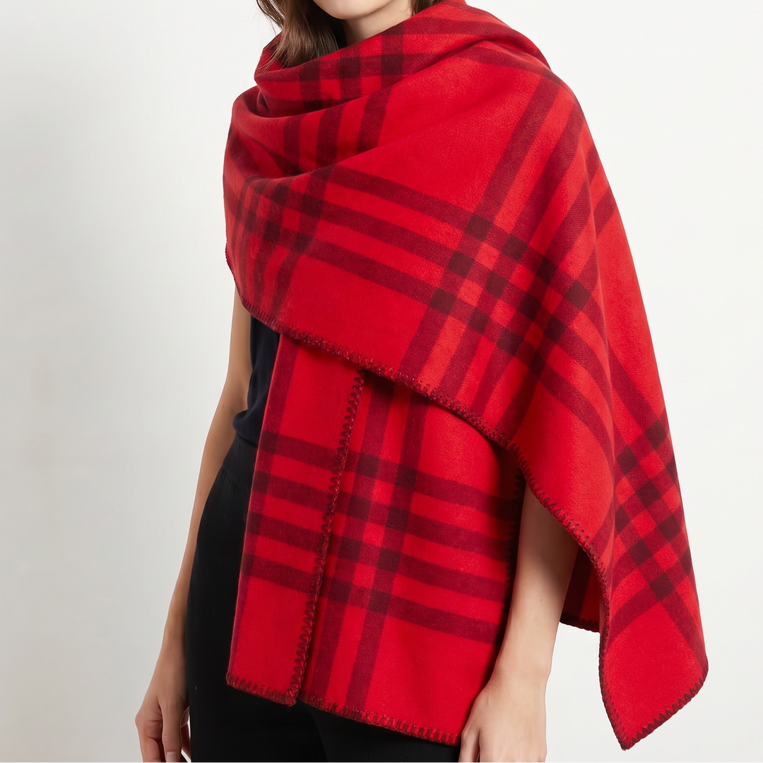 Women's Shawl Wrap – Oversized Check Blanket Stitch Edge Woven