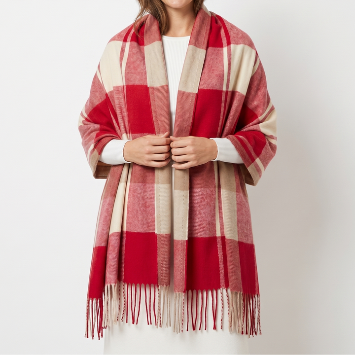 Women's Shawl Scarf – Oversized Check Woven Fringe Blanket Wrap