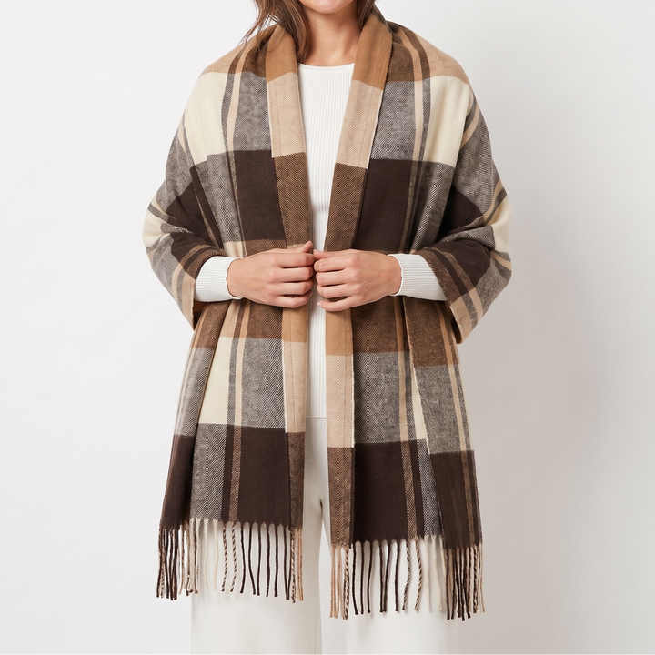 Women's Shawl Scarf – Oversized Check Woven Fringe Blanket Wrap
