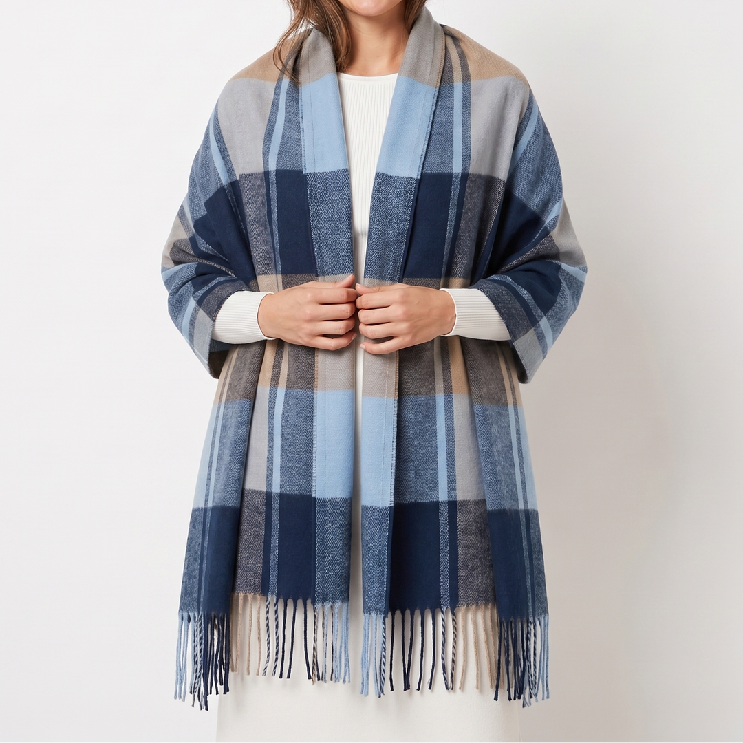 Women's Shawl Scarf – Oversized Check Woven Fringe Blanket Wrap