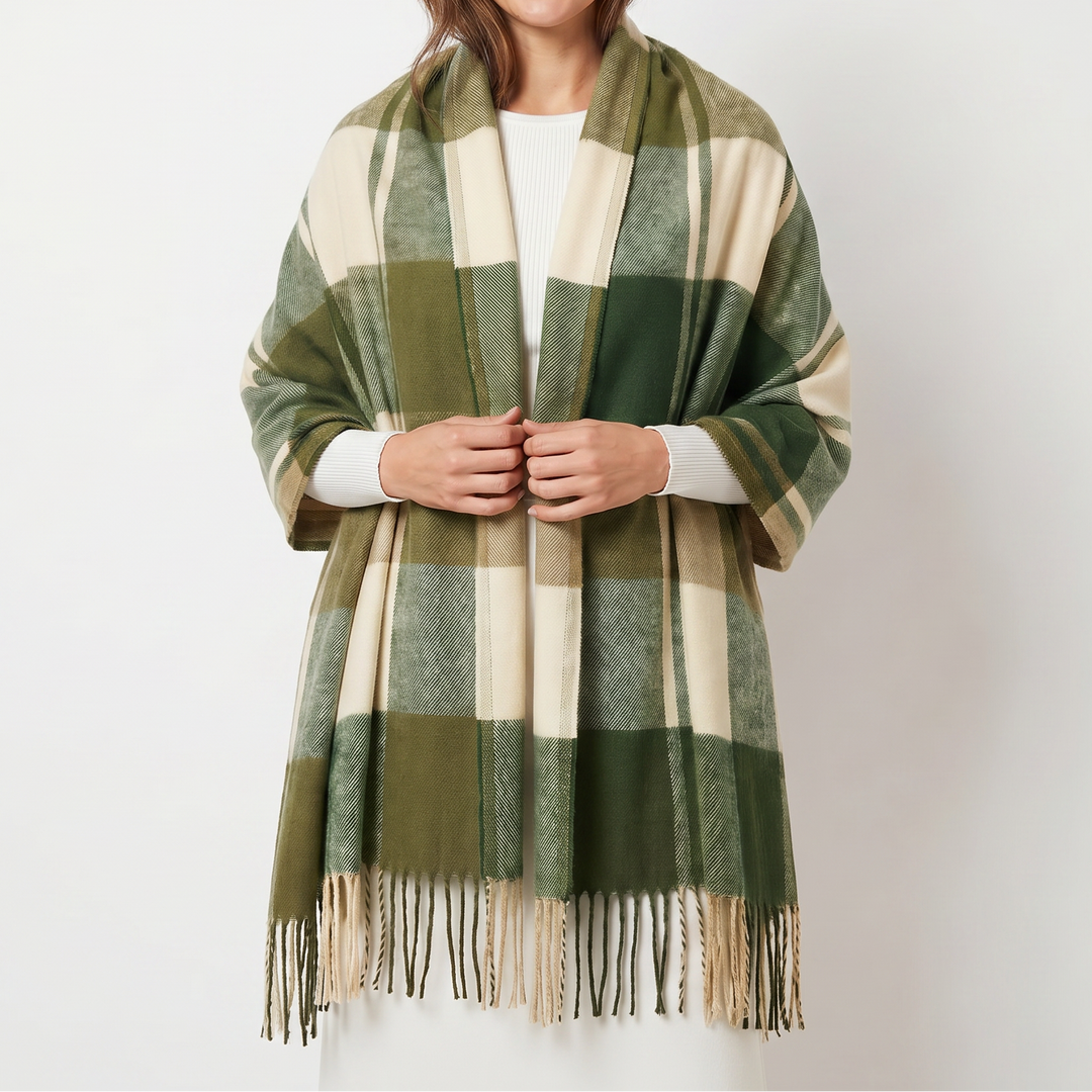 Women's Shawl Scarf – Oversized Check Woven Fringe Blanket Wrap
