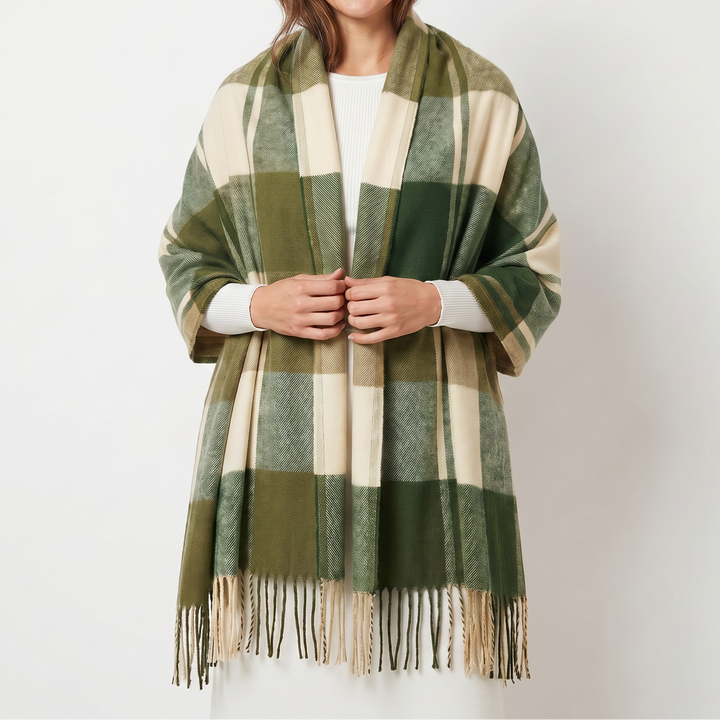 Women's Shawl Scarf – Oversized Check Woven Fringe Blanket Wrap