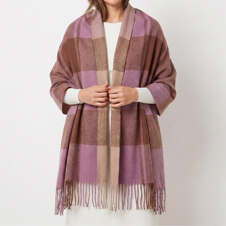 Women's Shawl Scarf – Oversized Check Woven Fringe Blanket Wrap