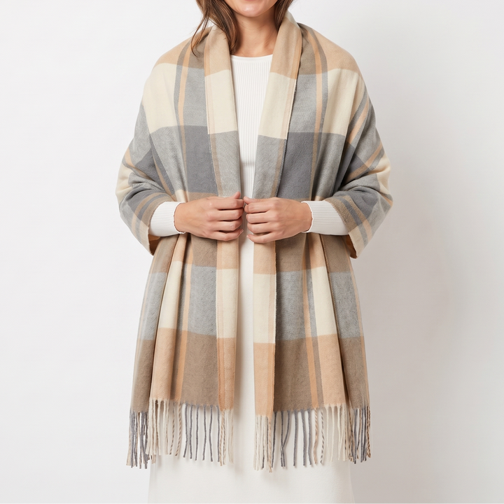 Women's Shawl Scarf – Oversized Check Woven Fringe Blanket Wrap