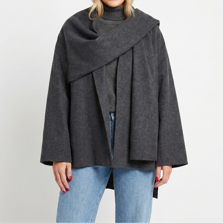 Women's Cape Jacket – Wool-Look Attached Scarf Wrap Open Front