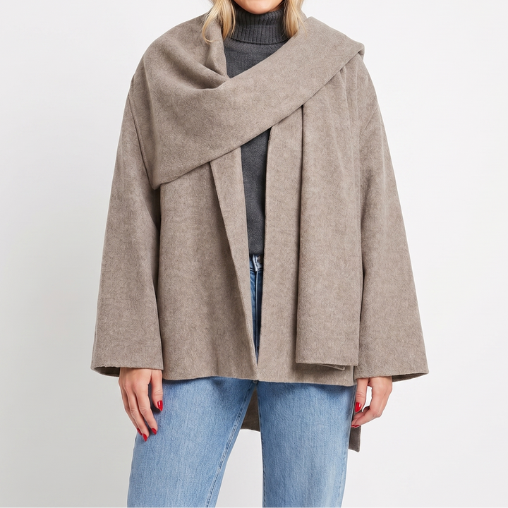 Women's Cape Jacket – Wool-Look Attached Scarf Wrap Open Front