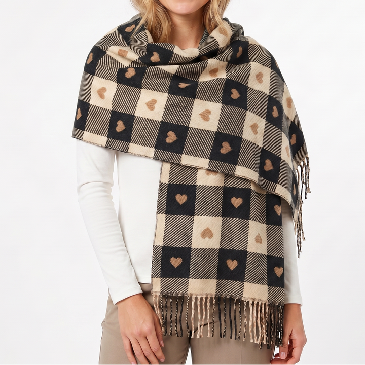 Women's Shawl Scarf – Heart Check Woven Fringe Blanket Wrap