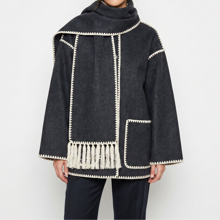 Women's Blanket Coat – Wool-Look Contrast Stitch Attached Scarf Tassel