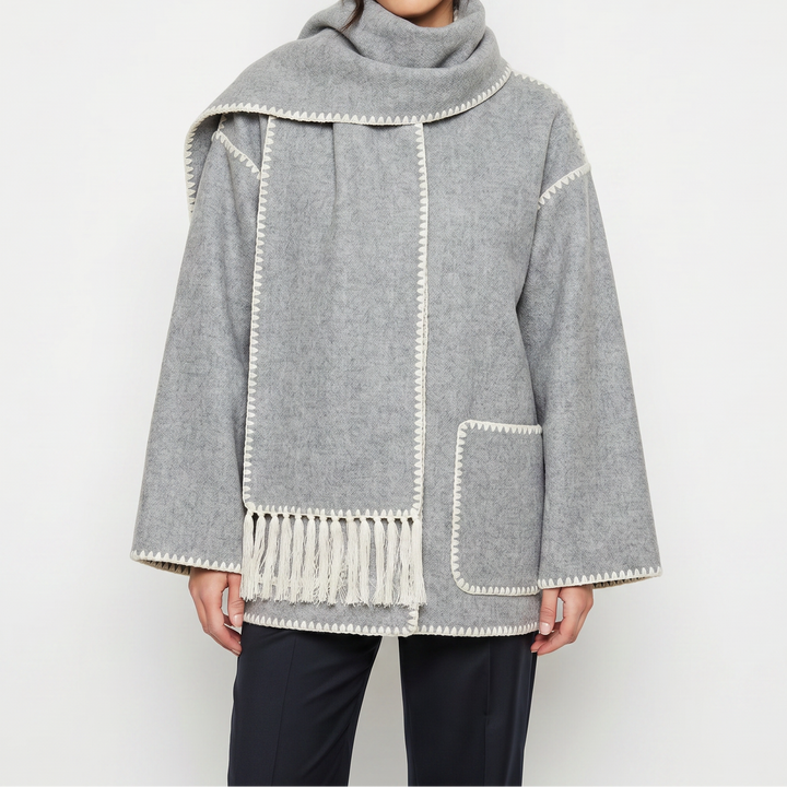 Women's Blanket Coat – Wool-Look Contrast Stitch Attached Scarf Tassel