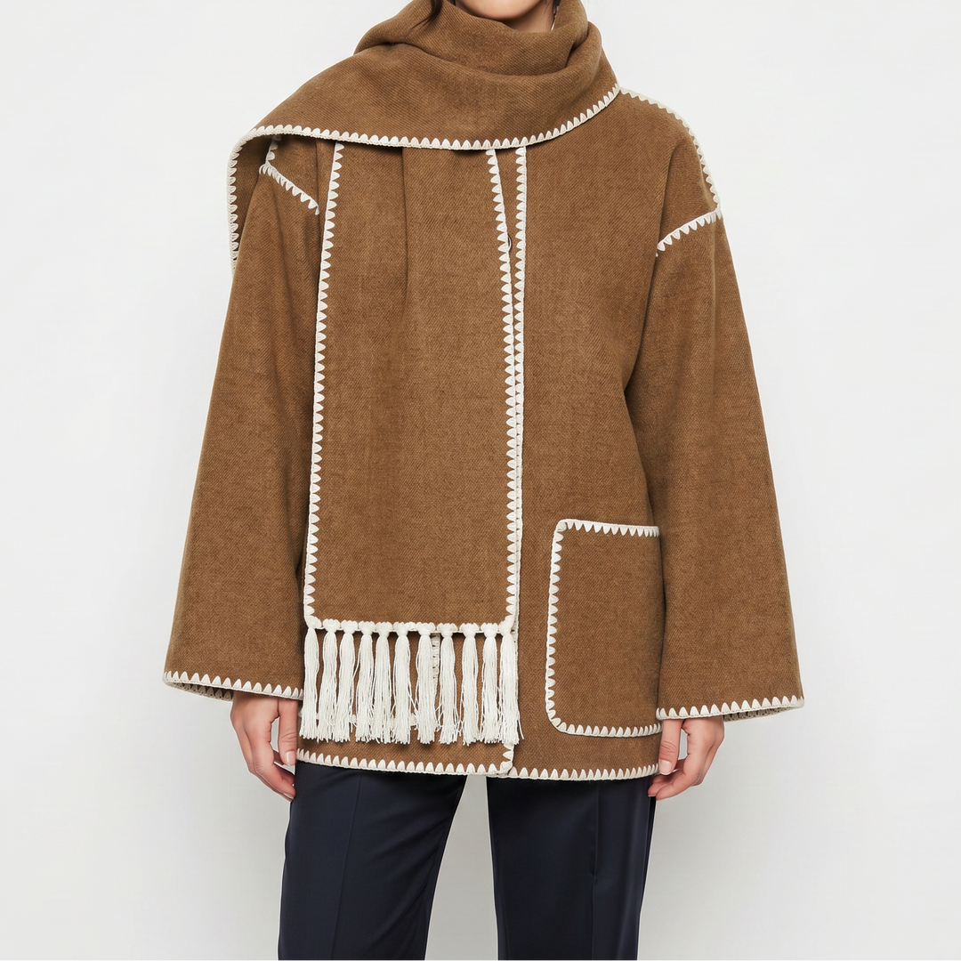 Women's Blanket Coat – Wool-Look Contrast Stitch Attached Scarf Tassel