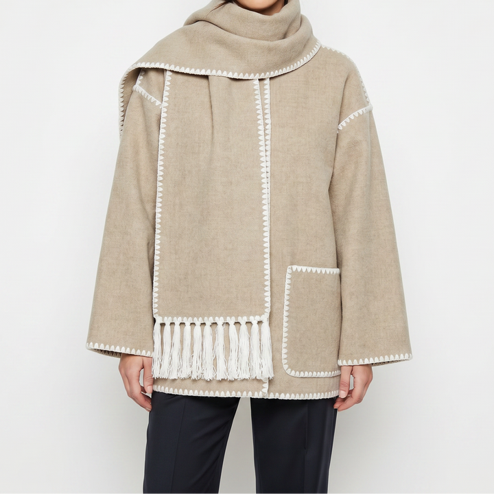 Women's Blanket Coat – Wool-Look Contrast Stitch Attached Scarf Tassel