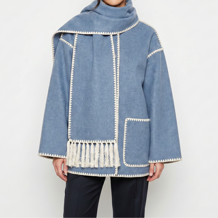 Women's Blanket Coat – Wool-Look Contrast Stitch Attached Scarf Tassel