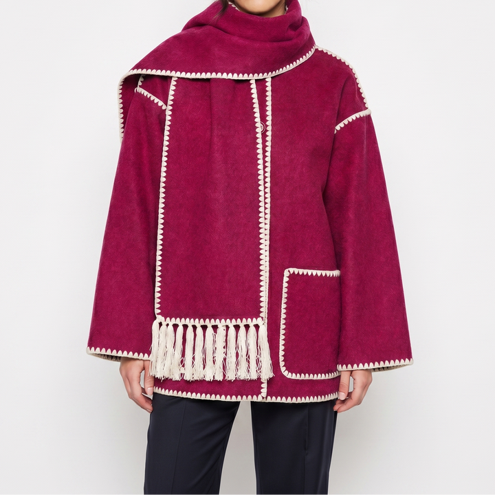 Women's Blanket Coat – Wool-Look Contrast Stitch Attached Scarf Tassel