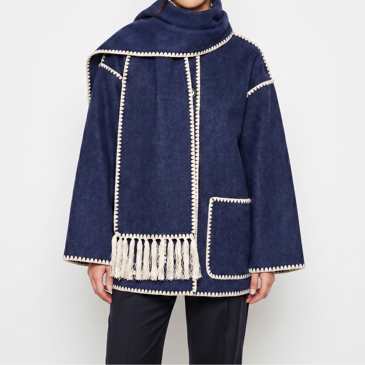 Women's Blanket Coat – Wool-Look Contrast Stitch Attached Scarf Tassel