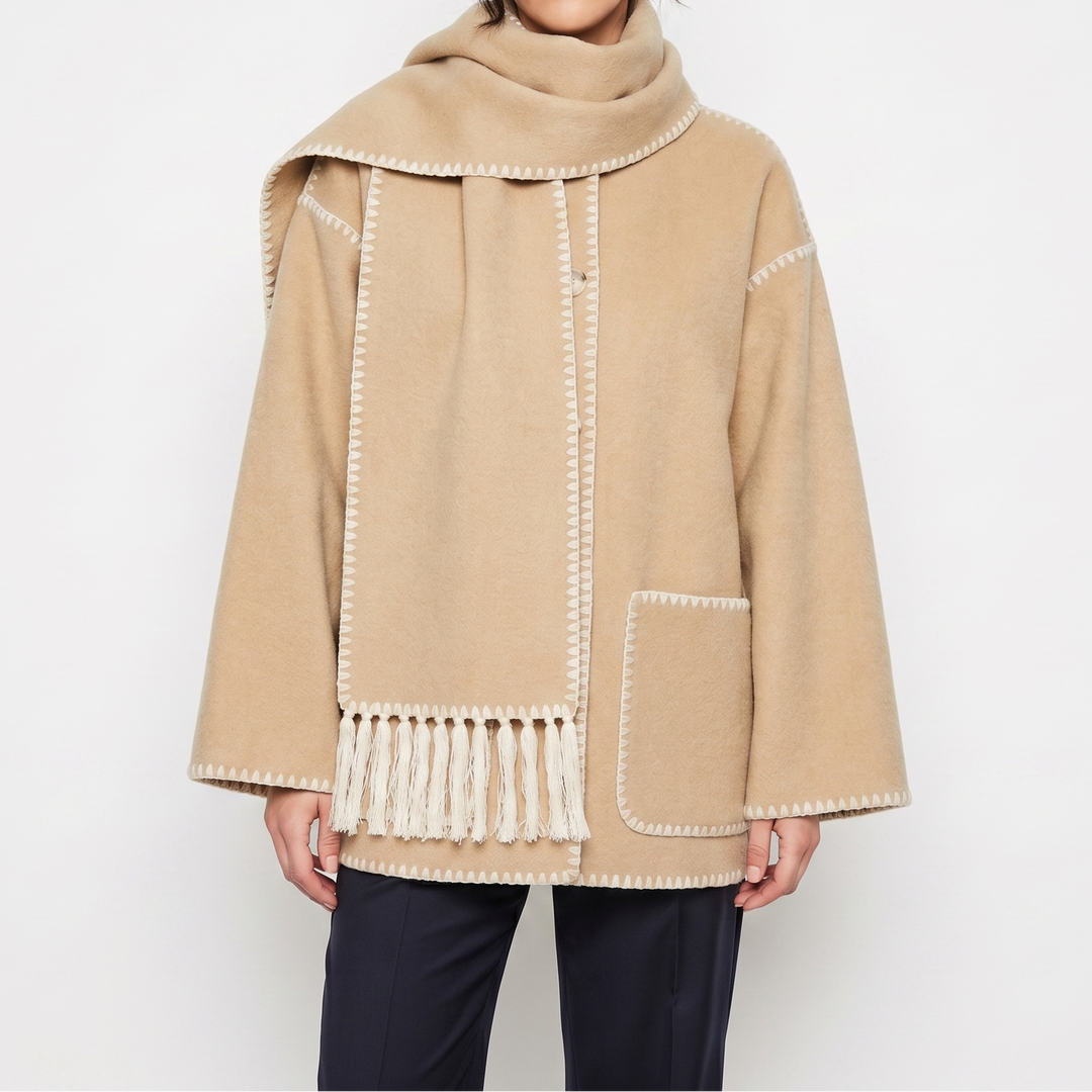 Women's Blanket Coat – Wool-Look Contrast Stitch Attached Scarf Tassel