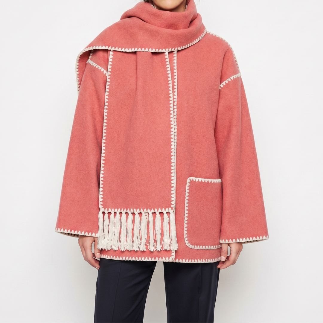 Women's Blanket Coat – Wool-Look Contrast Stitch Attached Scarf Tassel
