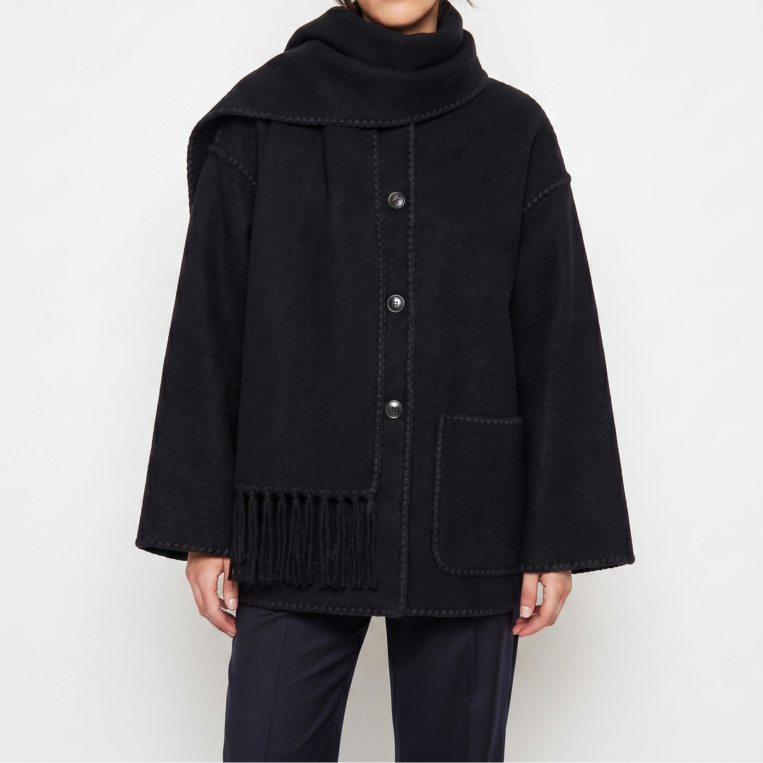 Women's Blanket Coat – Wool-Look Contrast Stitch Attached Scarf Tassel