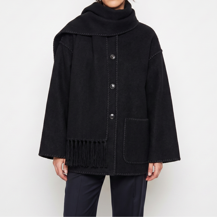 Women's Blanket Coat – Wool-Look Contrast Stitch Attached Scarf Tassel
