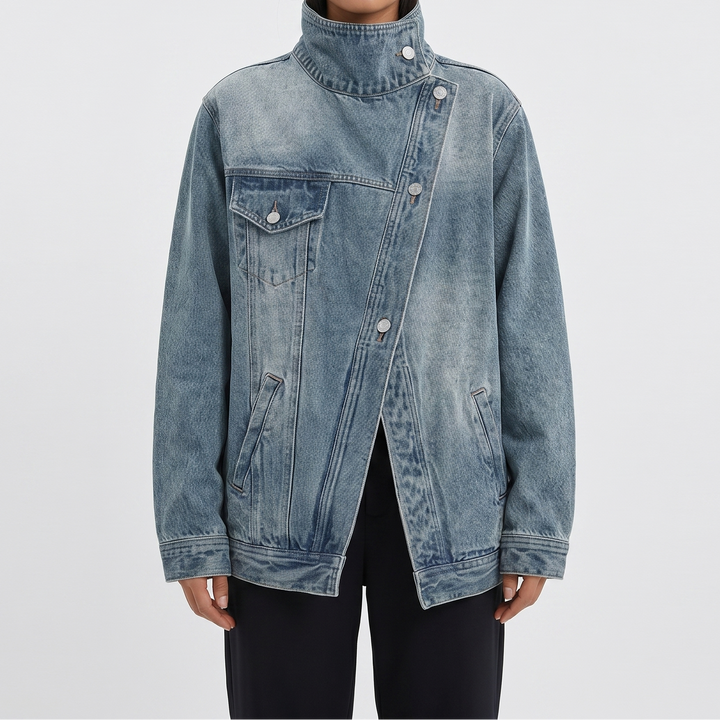 Women's Denim Jacket – Oversized Asymmetric Button Funnel Neck Washed
