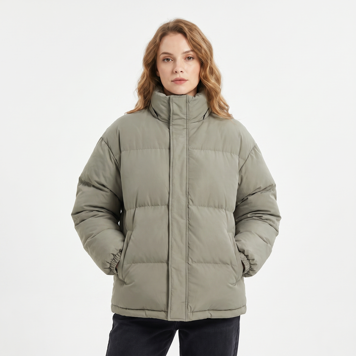 Women's Quilted Jacket – Oversized Puffer Stand Collar Concealed Zip