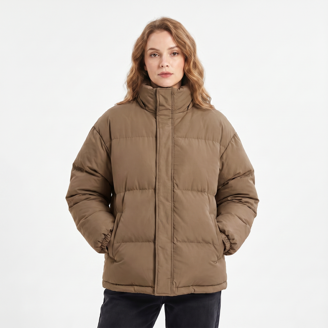 Women's Quilted Jacket – Oversized Puffer Stand Collar Concealed Zip