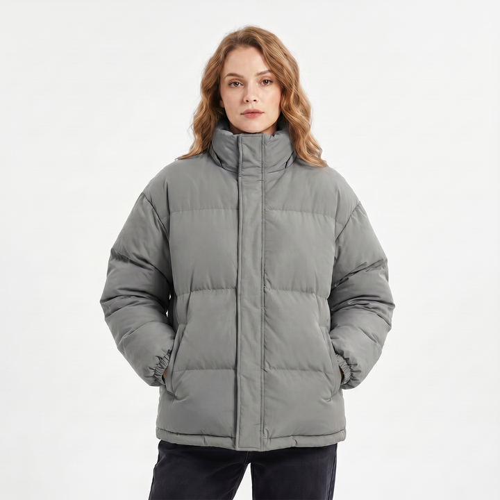 Women's Quilted Jacket – Oversized Puffer Stand Collar Concealed Zip
