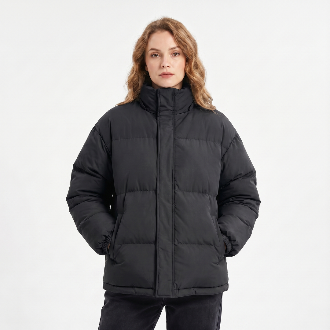 Women's Quilted Jacket – Oversized Puffer Stand Collar Concealed Zip