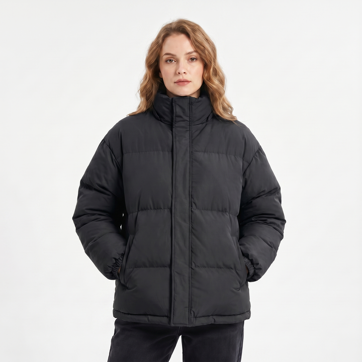 Women's Quilted Jacket – Oversized Puffer Stand Collar Concealed Zip